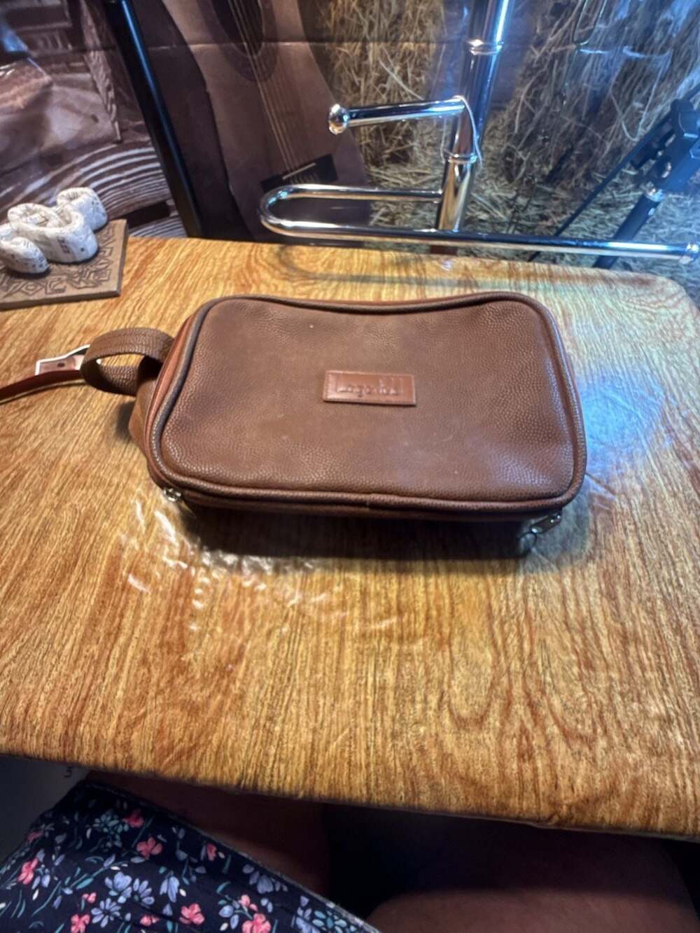 Lagerfeld Brown Pebbled Leather Toiletry Travel Bag